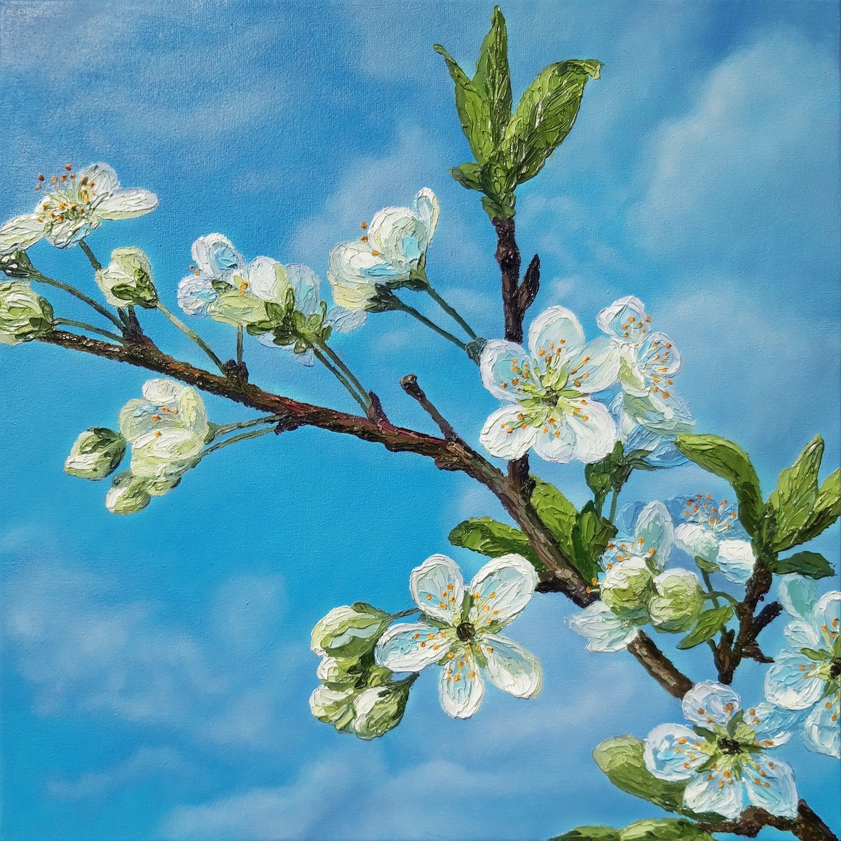 Spring morning, oil floral blossom painting, palette knife flowers artwork by Anna Steshenko