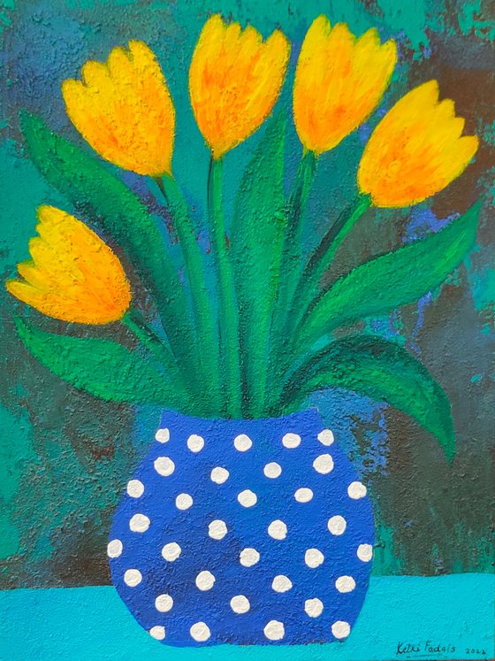 Yellow Tulips in Polka dots Vase