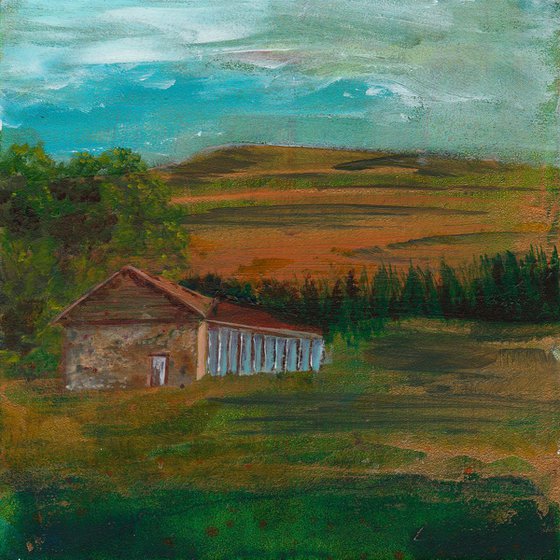 Country Barn in a Field - Impressionist Painting of Lead Mining Powder House Nenthead Cumbria