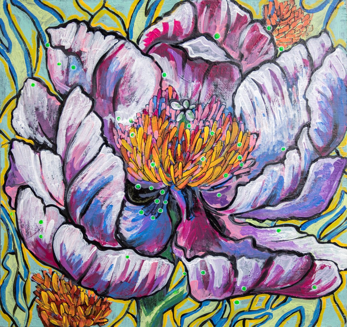 Illustrative Botanical Acrylic Painting By Ariadna De Raadt, 20 X 20, Flower World 2, Original Artwork