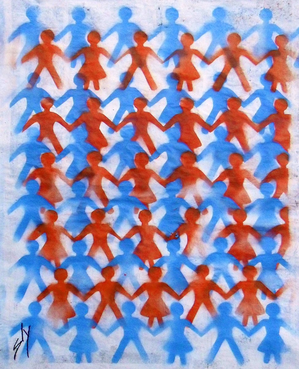 Urban And Pop Abstract Painting By Juan Sly, 23 X 30", Girls And Boys (On An Urbox), Original Artwork