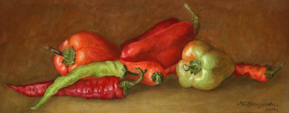 Still Life Watercolour By Yulia Krasnov, 20 X 7", Peppers, Original Artwork