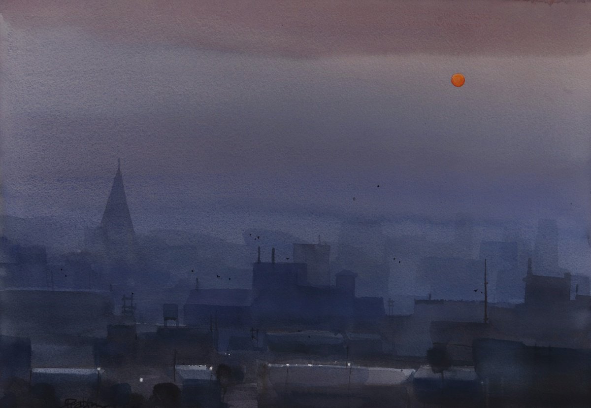 Impressionistic Cityscapes Watercolour By Prashant Prabhu, 22 X 15", Sun Rises And Fog Settles, Original Artwork
