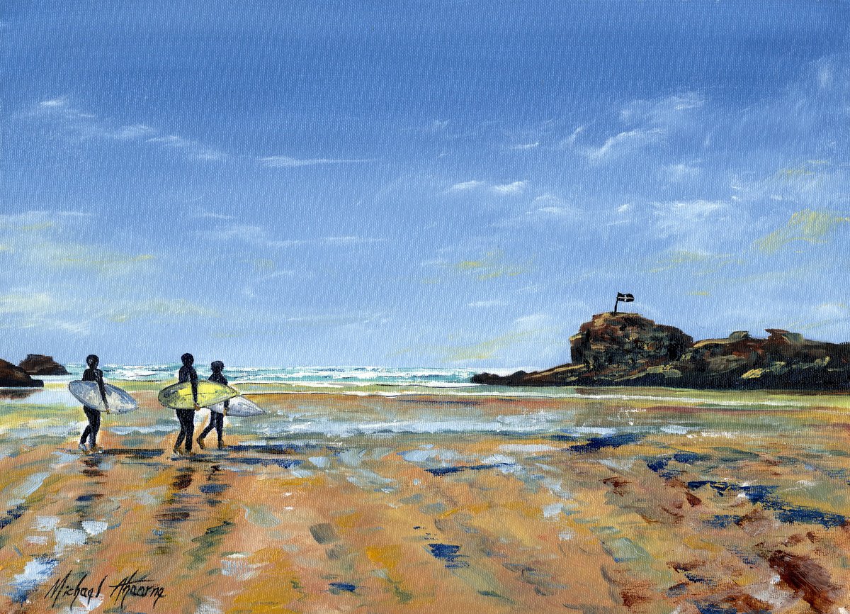Surfers at Perranporth Beach, Cornwall. An Original Oil Painting on Artists’ Canvas Board by Michael Ahearne