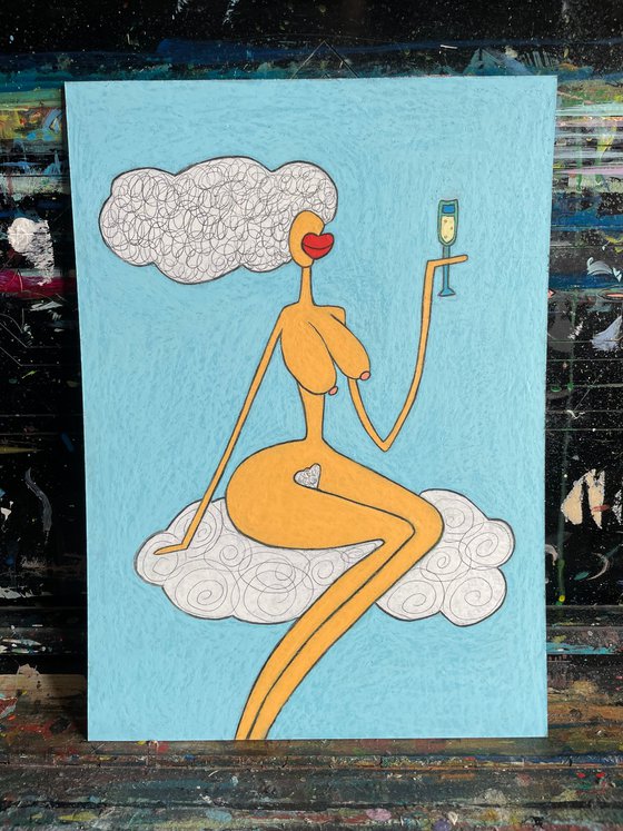 Orange lady in the sky with champagne