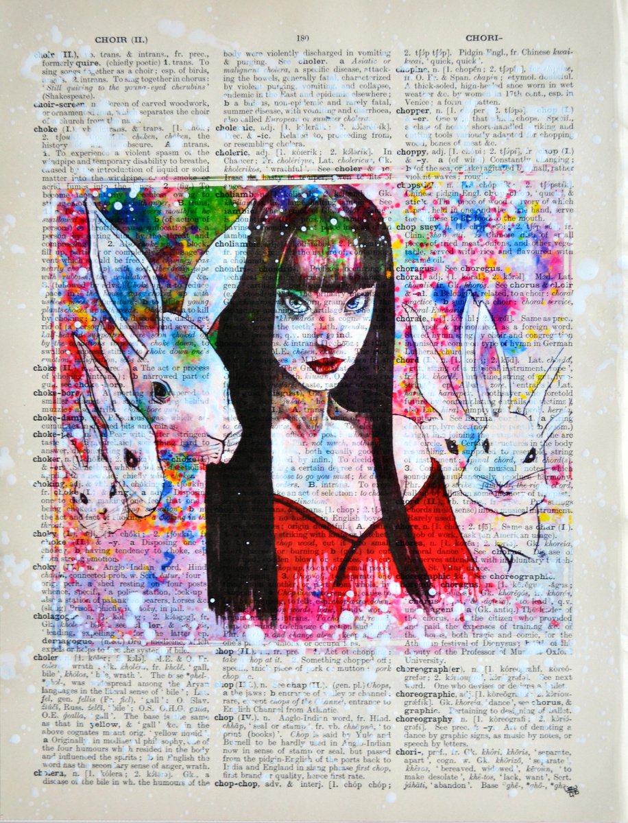 Alice And Bunny - Collage Art on Large Real English Dictionary Vintage Book Page by Jakub DK - JAKUB D KRZEWNIAK