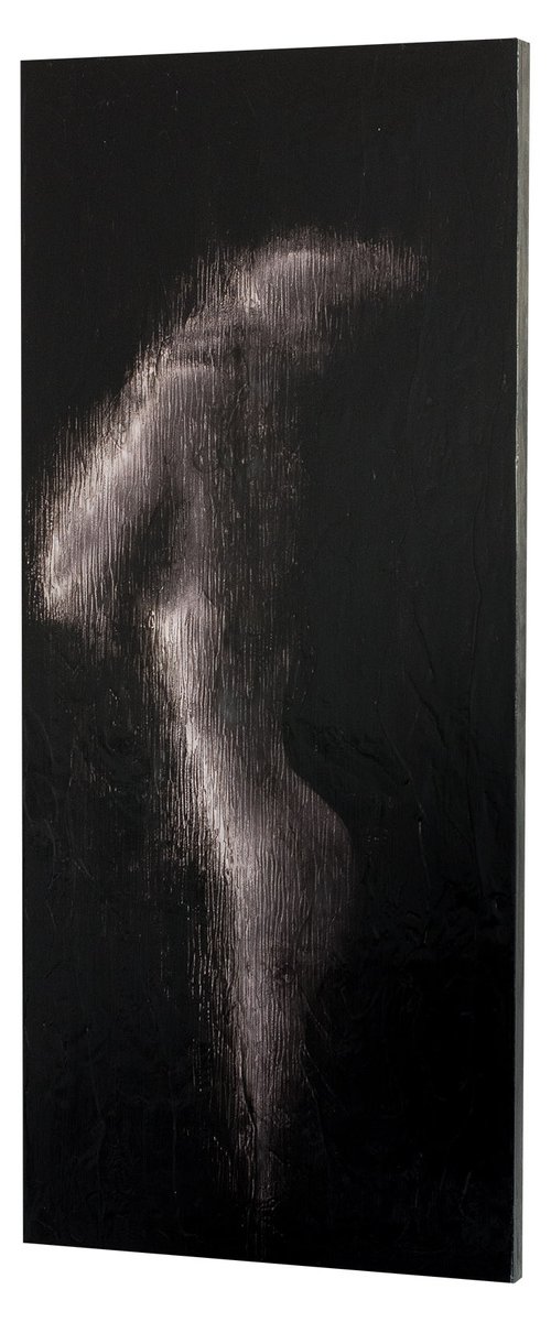 "Sophisticated drama" (80x35x2.5 cm) - Unique figurative artwork on wood (abstract, figurative, gold, original, resin, beeswax, painting) by Rouzbeh Tahmassian