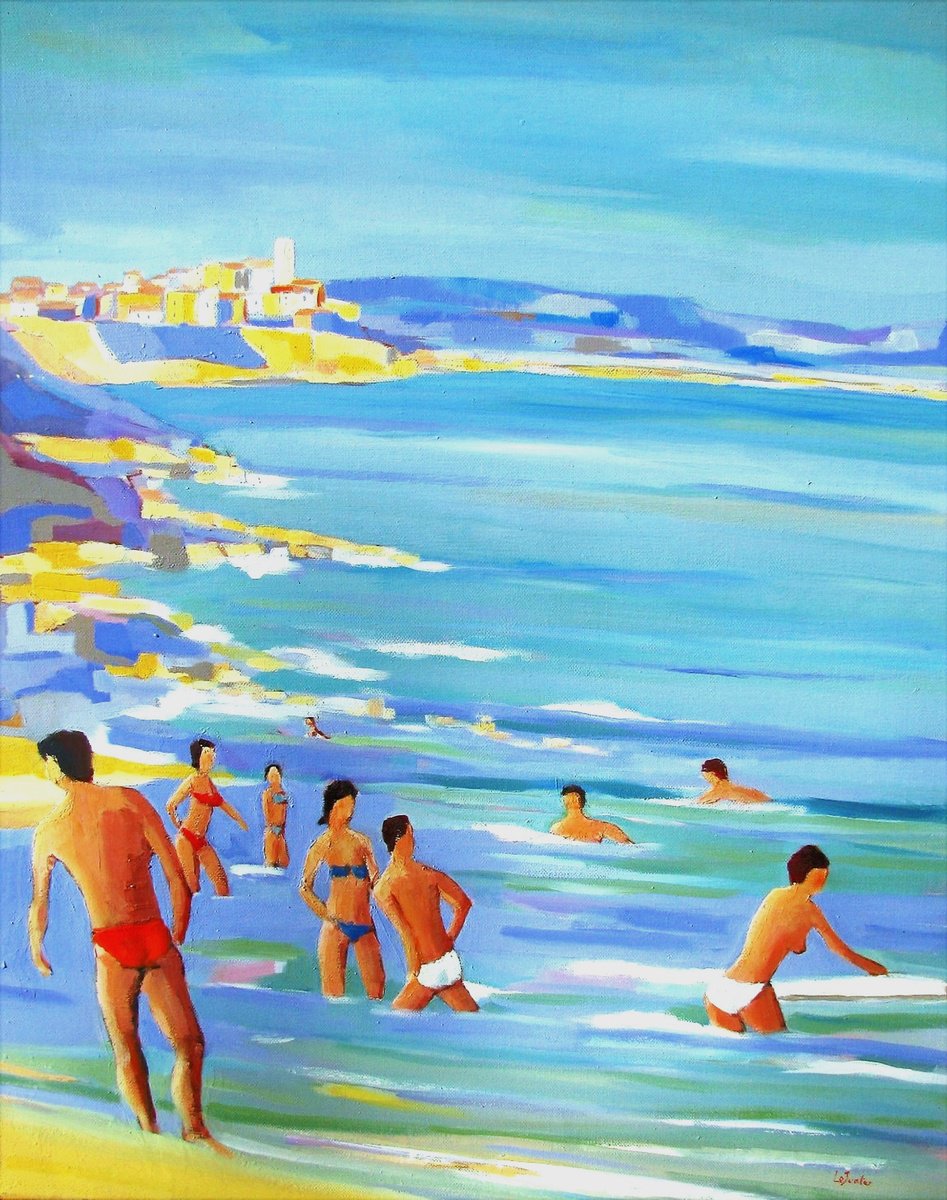 Expressive Portrait Oil Painting By Jean-Noel Le Junter, 22 X 27, French Riviera Bathers, Original Artwork