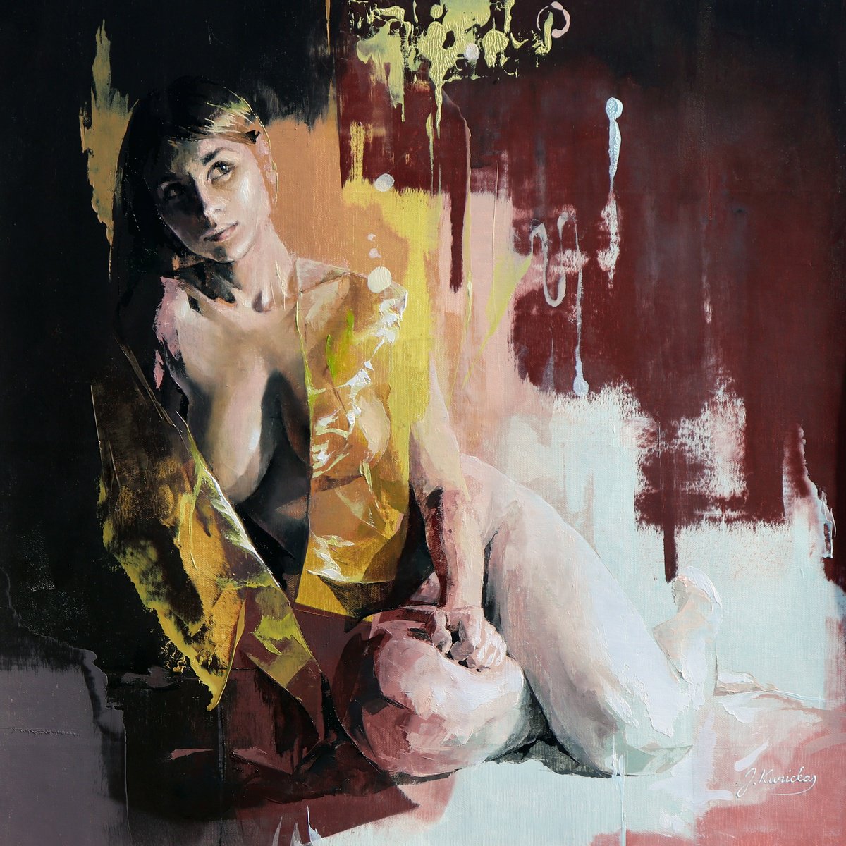 Impressionistic Portrait Oil Painting By Jonas Kunickas, 24 X 24, Jk25-0801 Dreaming, Original Artwork