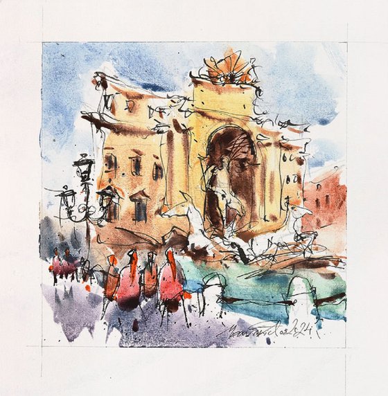Rome, Trevi Fountain, Watercolor