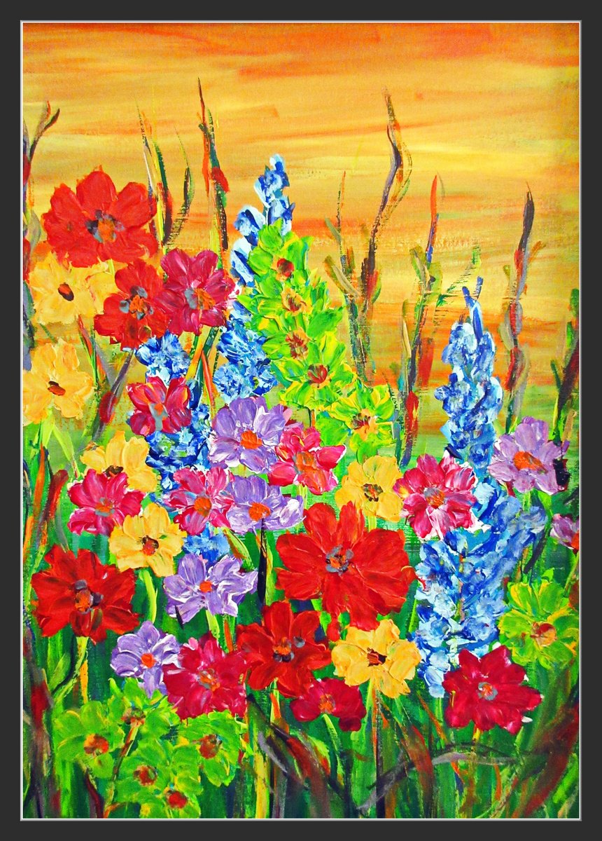 Impressionistic Botanical Acrylic Painting By Tomas Gorjanc - Tomo, 20 X 28", Floral Sunset, Original Artwork