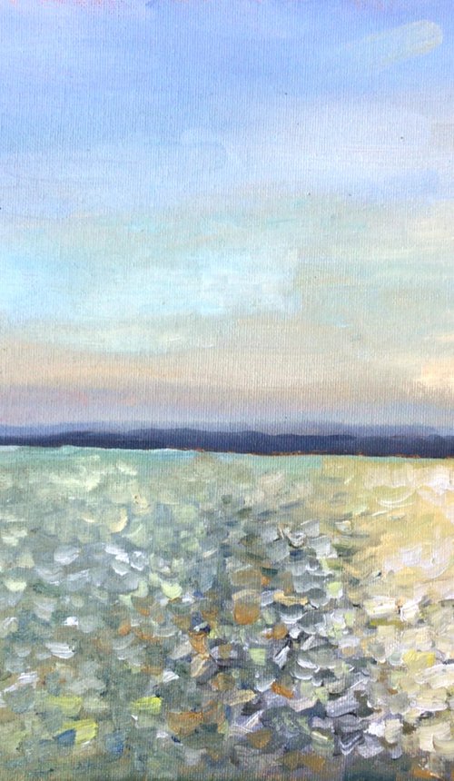 Sunlight on the sea, an original oil painting of the morning sun by Julian Lovegrove Art