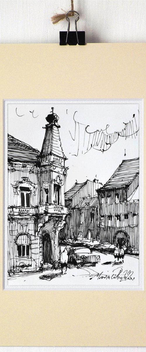 Romanian urban scene, ink drawing on paper, 2022 by Marin Victor
