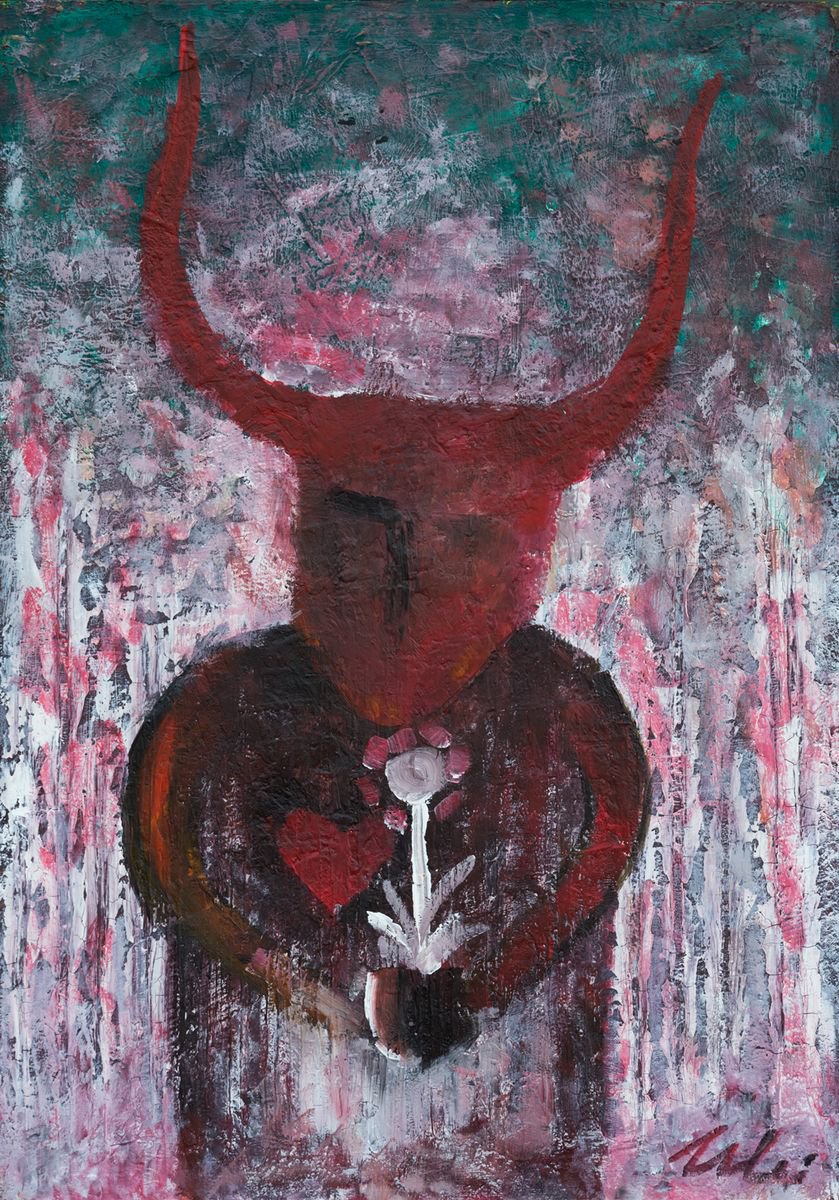Naive Animal Acrylic Painting By Peter Zelei, 13 X 19", Minotaur In Love, Original Artwork