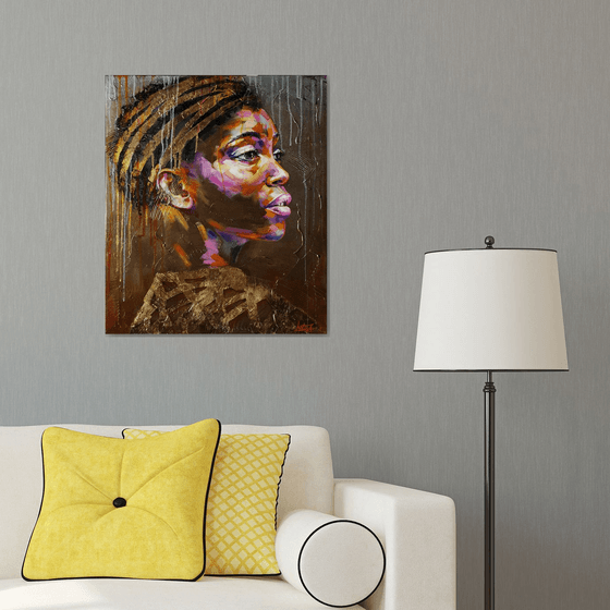 Portrait african woman - Gold of africa - Painting oil original