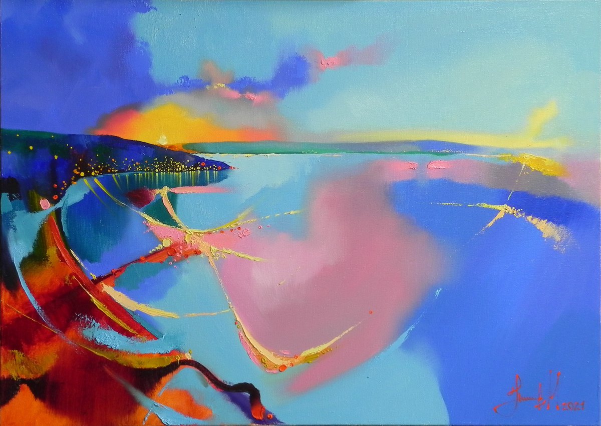 Contemplation Original painting Oil on canvas Abstract landscape (2021). by Mikhail Novikov