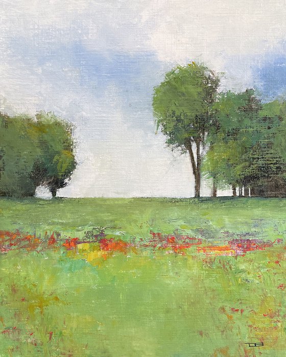 Spring Flowers 221106, tree and green field impressionist landscape painting