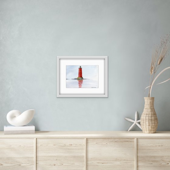 Red lighthouse in the sea. Minimalism. Original watercolor artwork.