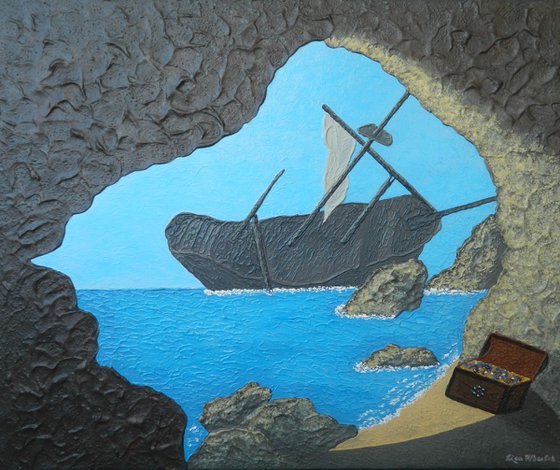 Forbidden Cove - Modern fantasy seascape, treasure adventure acrylic painting in high relief
