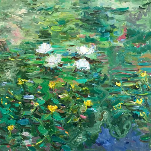 WATER LILY  - original oil landscape painting, summer, waterlily pond, green coloured by Karakhan