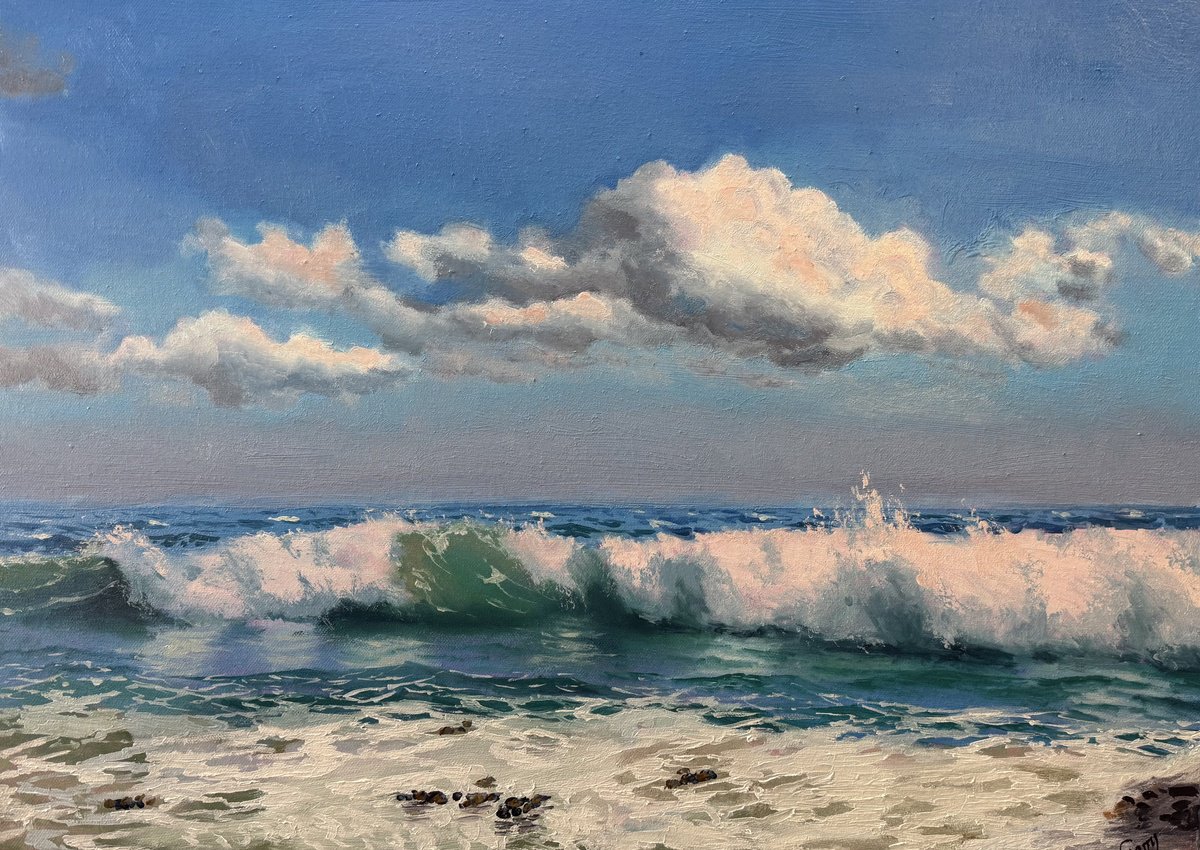 Impressionistic Landscape Oil Painting By Garry Arzumanyan, 28 X 20, Wave 01, Original Artwork