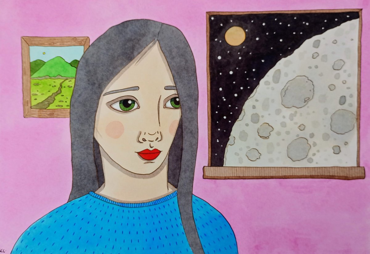 Moon & Pink Room -8.1x11.6 in by Kitty  Cooper