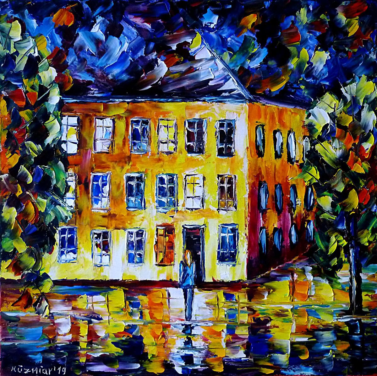 Expressive Cityscapes Oil Painting By Mirek Kuzniar, 16 X 16", Homecoming, Original Artwork