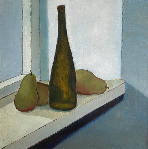 Bottle and Pears in Window