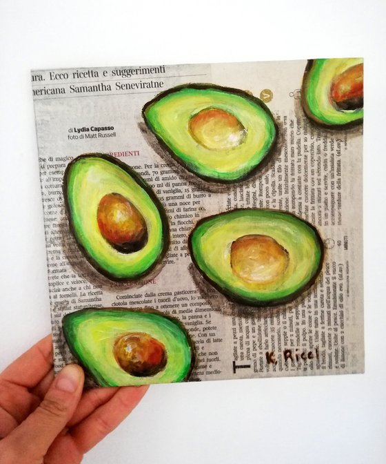 "Avocadoes on Newspaper" Original Acrylic on Canvas Board Painting 8 by 8 inches (20x20 cm)