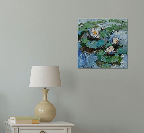 White Water Lilies - Pond flowers  Impasto Original Oil painting