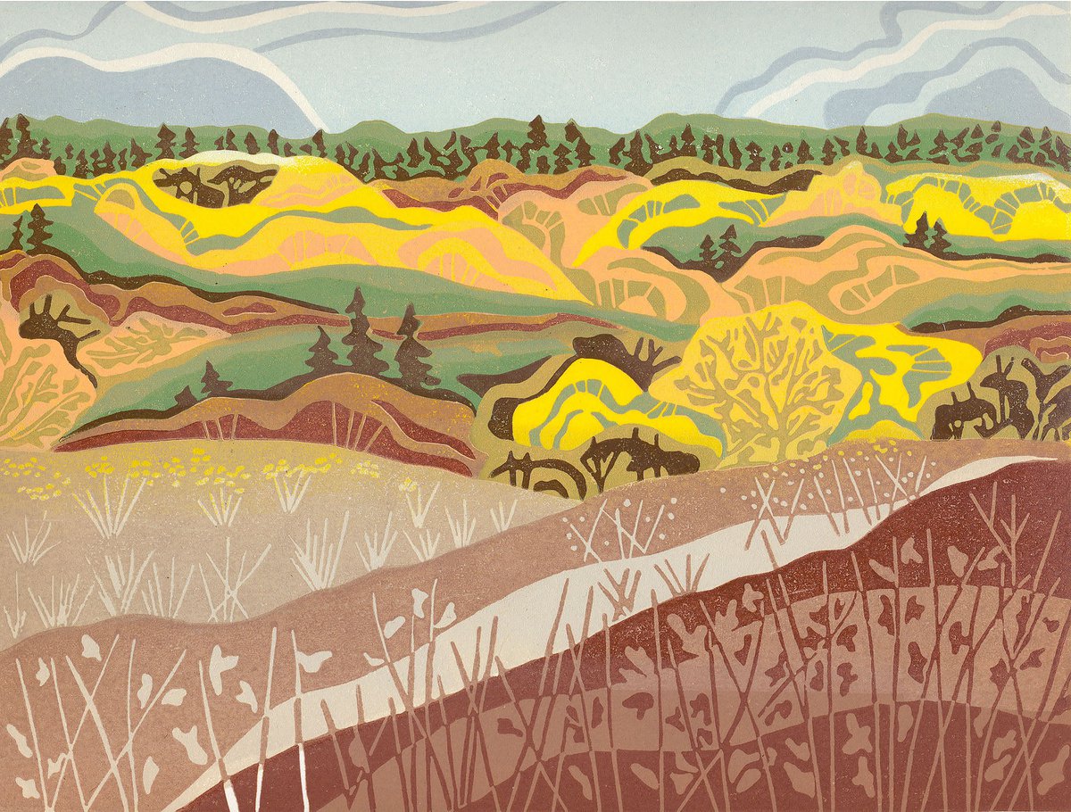 Illustrative Landscape Linocut By Kate Goetz, 14 X 11", This Is Home, Original Artwork