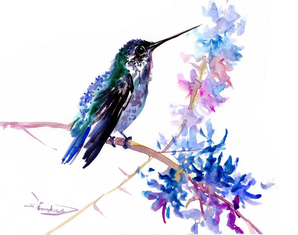 Bee Hummungbird and Purple Blue Flowers by Suren Nersisyan