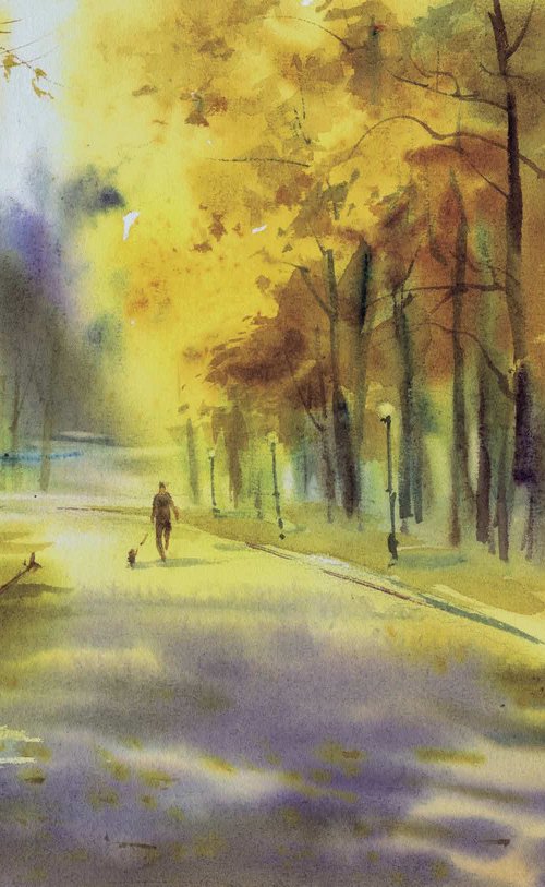 Walk in the autumn park. Watercolour landscape by Marina Trushnikova by Marina Trushnikova