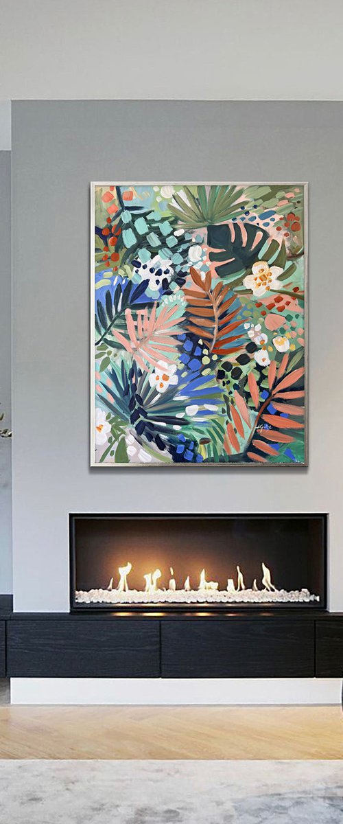 Green Tropic - Flower Painting Tropical Leaves Palm Branches Home Decor, Green and Blue Botanical Painting, Tropical Painting, Floral Wall Art by Lana Guise