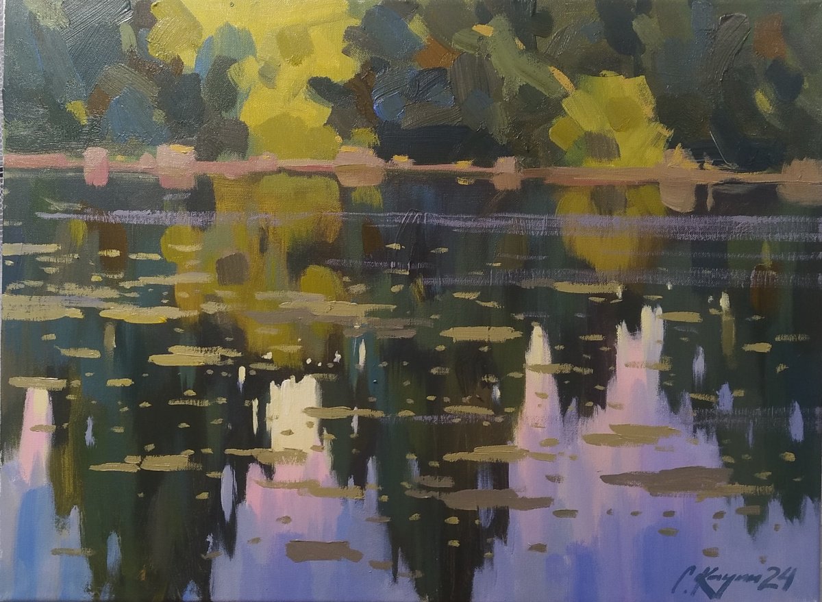 Impressionistic Landscape Acrylic Painting By Sergey Kachin, 24 X 18", Still Water, Original Artwork