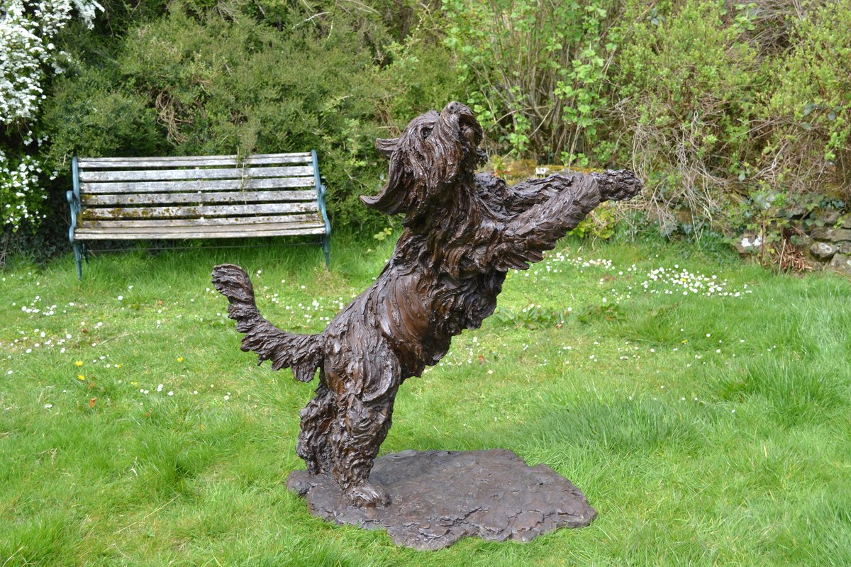 Animal Sculpture By Tanya Russell, 37 X 47", Leaping Bearded Collie Resin, Original Artwork