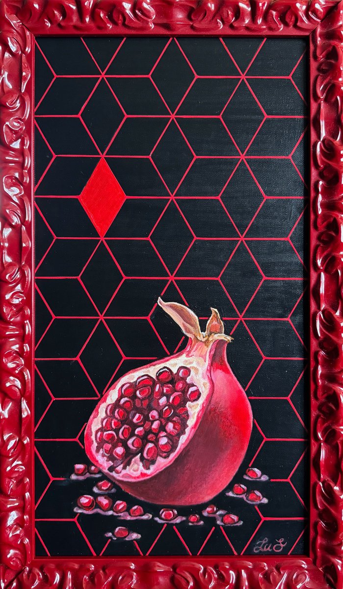 Organic Still Life Oil Painting By Lu Sakhno, 11 X 19", Pomegranate Fruit, Original Artwork