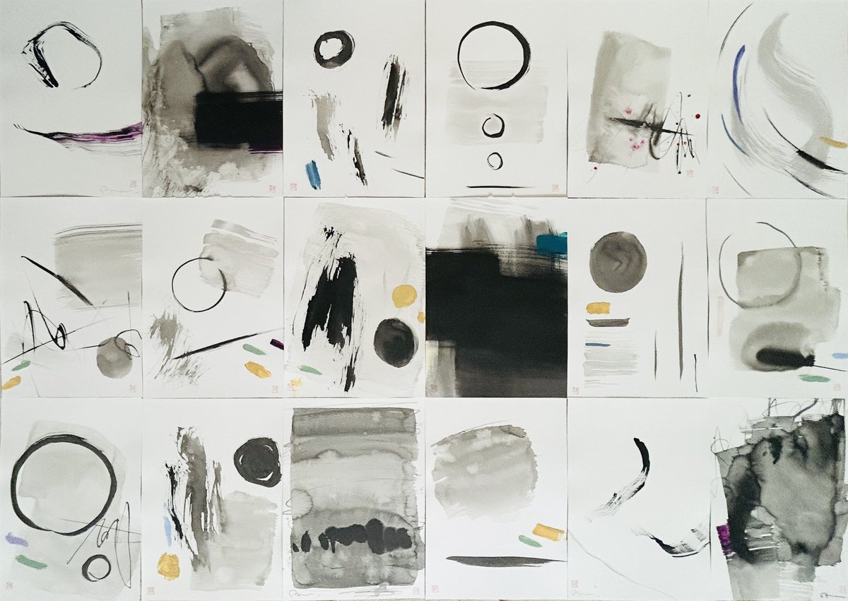 Expressive Abstract Ink Drawing By Ryoko Minamitani, 50 X 35", Cosmic Sounds Drawing Set (2023), Original Artwork