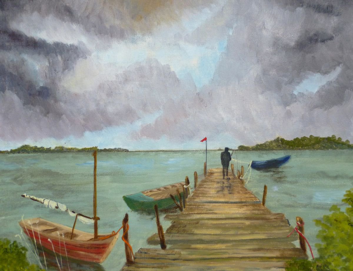 Impressionistic Landscape Oil Painting By Maddalena Pacini, 16 X 12", Gone Fishing, Original Artwork