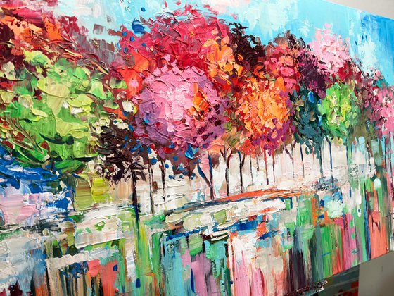 Forest Energy - Original Abstract Tree Painting, Colorful Trees Painting, Large Original Nature Landscape Modern Texture Painting Boho Wall Art Living Room Decor - Size: 48 x 24 inches (120 x 60 cm)