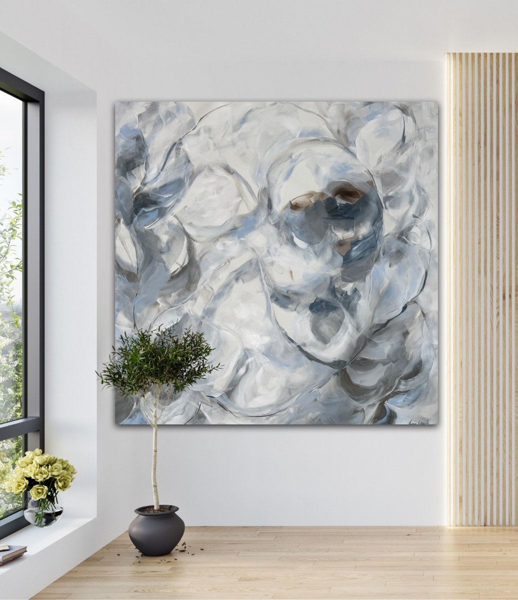 Abstract Botanical Acrylic Painting By Ivana Gigovic, 59 X 59, Midnight Bloom, Original Artwork