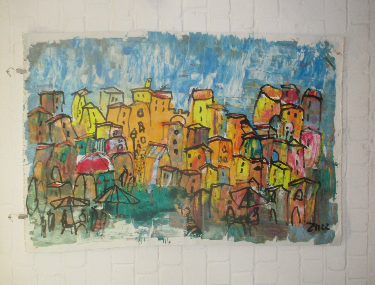 colourful italian city, tuscany xxl on canvas, not stretched by Sonja Zeltner-Muller