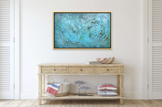 FOSSILS AND SEA SHELLS. Large Abstract Blue Teal Silver Gray Textured Painting 3D