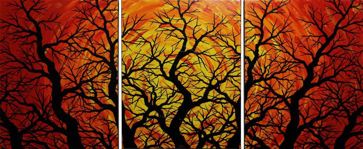 Abstract Botanical Acrylic Painting By Jonathan Pradillon, 48 X 20, Triptych Silhouettes Of Trees, Original Artwork