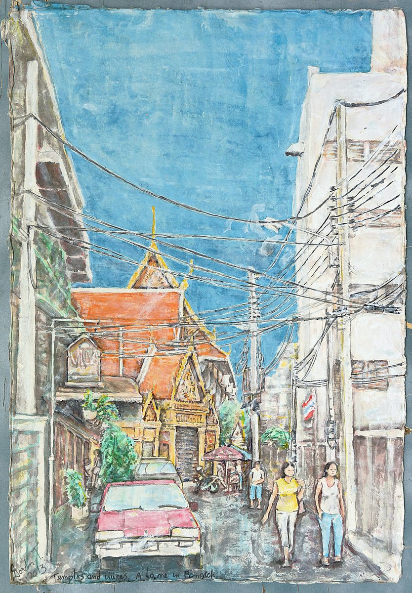 Impressionistic Cityscapes Painting By Gordon T., 21 X 31, Temples And Wires, A Lane In Bangkok, Original Artwork