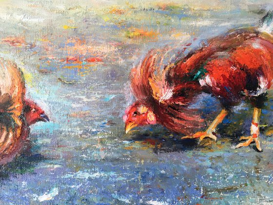 Roosters . Cockfighting . Original oil painting