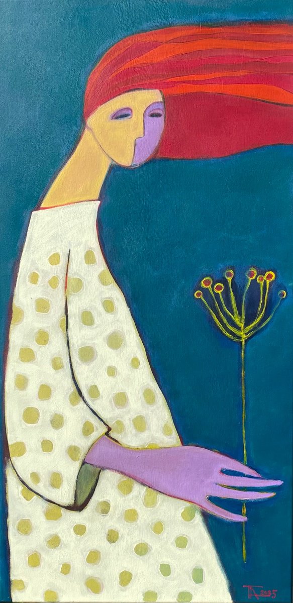 Expressive Portrait Acrylic Painting By Tatjana Auschew, 20 X 39", On A Walk., Original Artwork