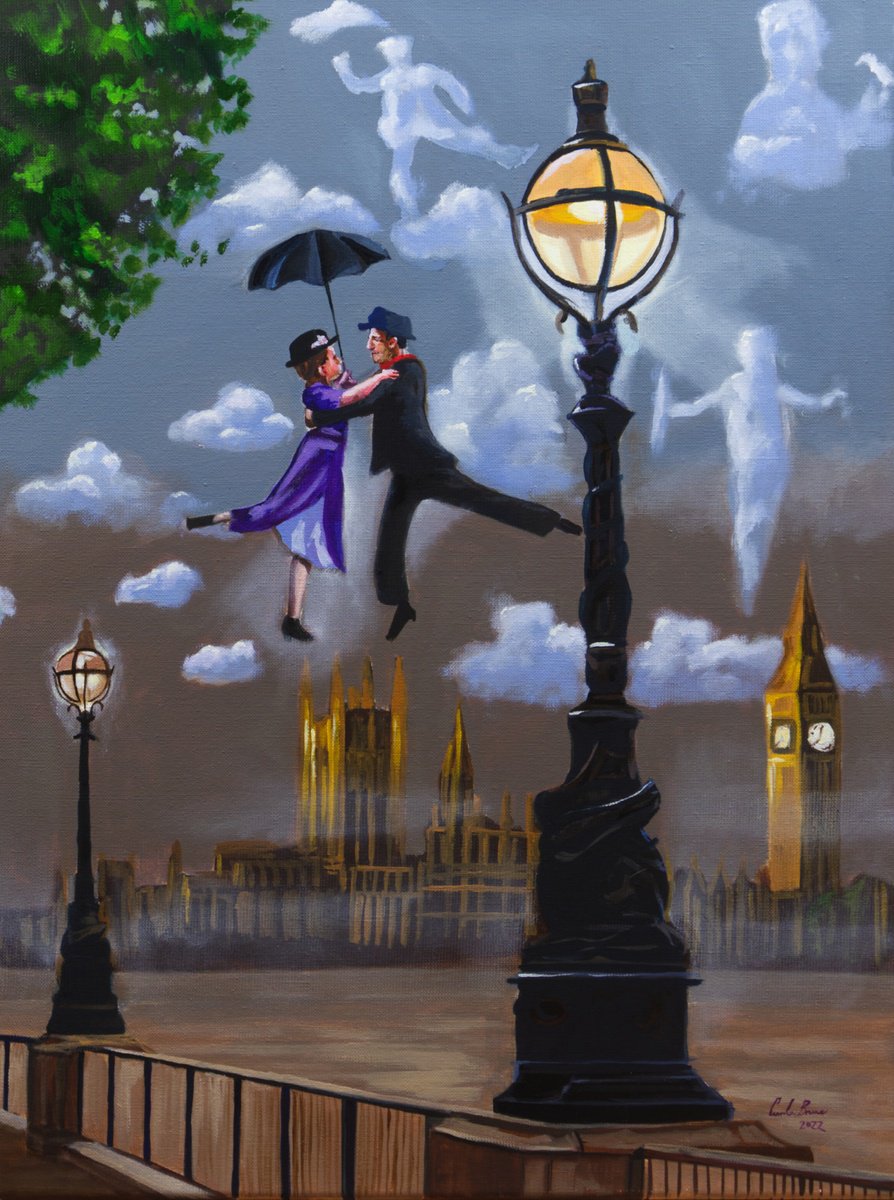 Impressionistic Cityscapes Oil Painting By Gordon Bruce, 18 X 24, Mary Poppins London Dancing, Original Artwork