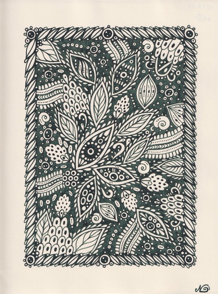 Organic Botanical Ink Drawing By Veronika Demenko, 7 X 9", Surreal Pattern N.51, Original Artwork
