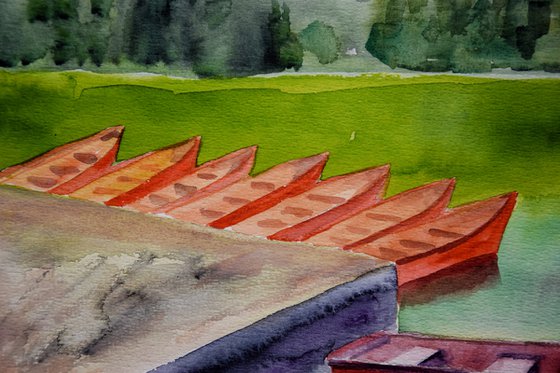 Mountains Painting, Boat on the Lake Original Watercolor Painting, Landscape Wall Art